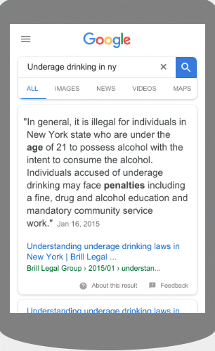 Featured Snippet for law firm about underage drinking