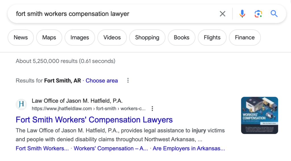 Jason Hatfield ranking for Fort Smith Workers Compensation Lawyer at the top of page 1