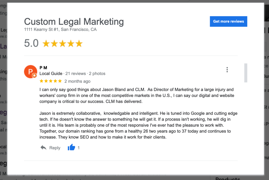 5 Star Rating digital marketing review for Custom Legal Marketing